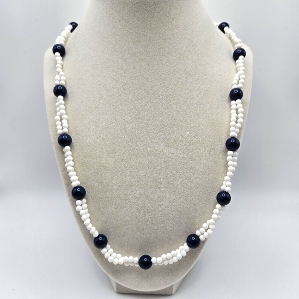 VINTAGE Trifari White and Navy Blue Plastic Beaded Double-Strand Necklace